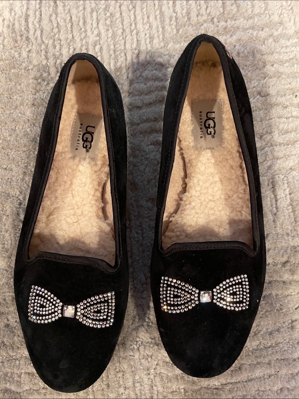 UGG Black Suede Bow Crystal Ballet Flats